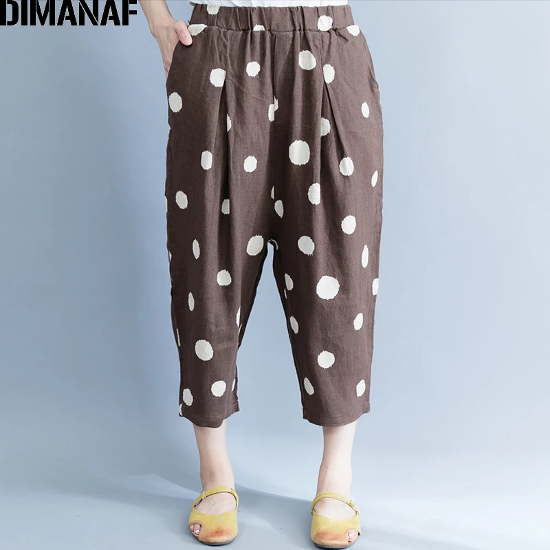 

DIMANAF Women Harem Pants Long Female Clothes Loose Plus Size Trousers Vintage Print Dot Elastic Waist Autumn Cotton Linen 2018