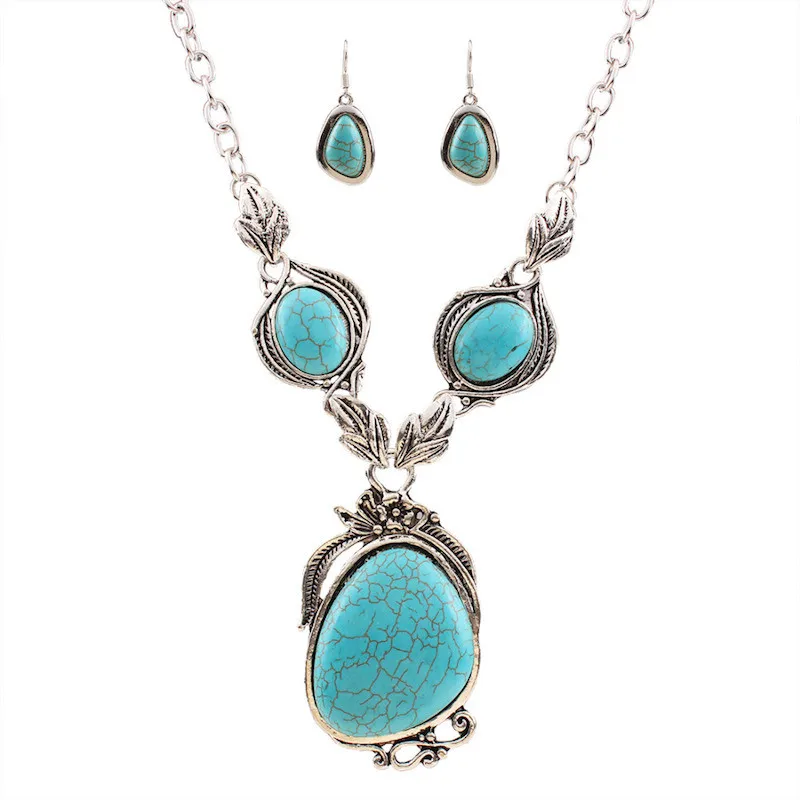 Free-Shipping-Newest-Fashion-Jewelry-Sets-Alloy-Round-Turquoise-Pendant-Necklace-Earrings-Sets-Vintage-Chain-Accessories