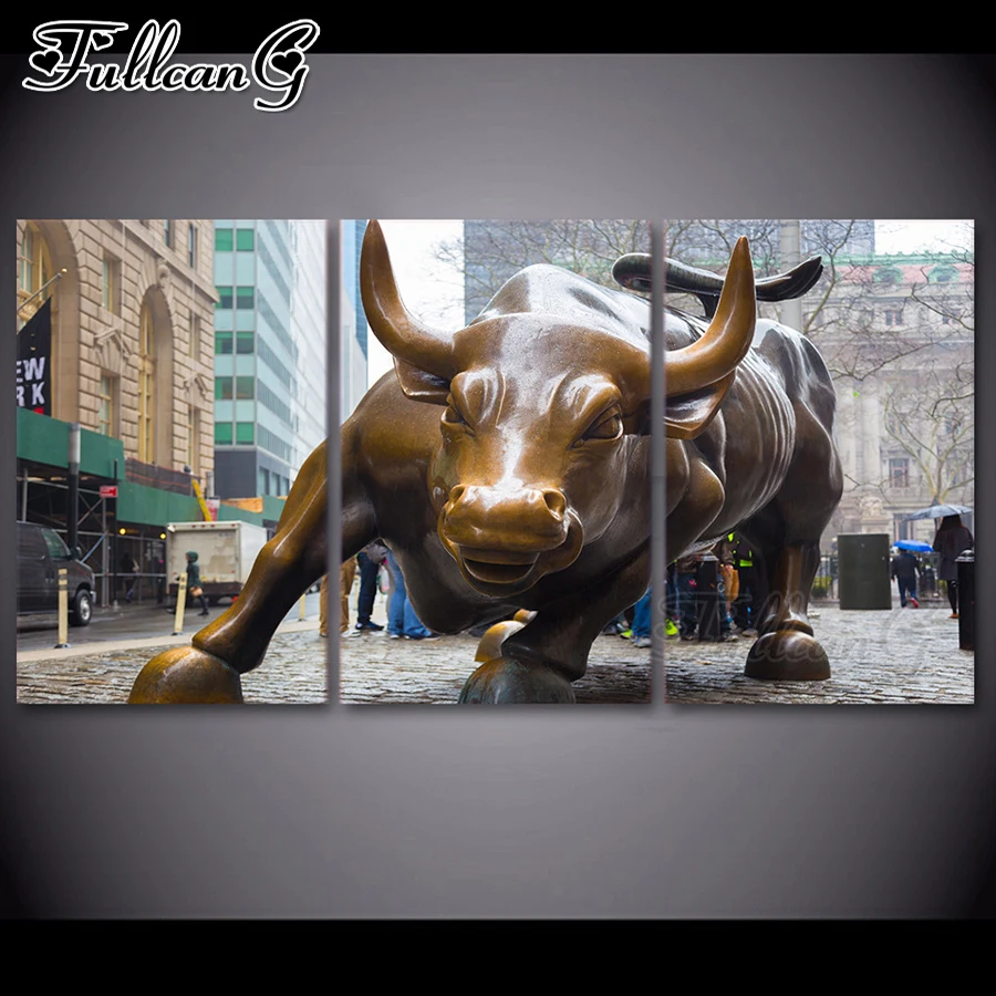 

FULLCANG 5d diy diamond embroidery wall street taurus triptych painting full square/round drill mosaic pattern sale hobby FC1600