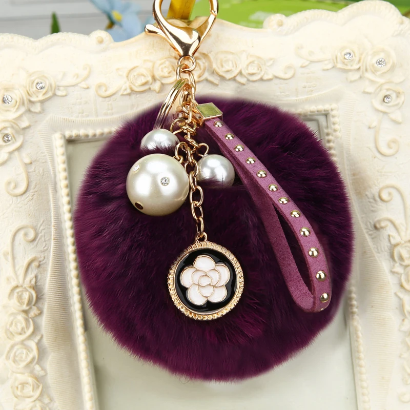 

8cm Fluffy Rex Rabbit Fur Ball Pom Pom Rivet Leather Rope KeyChains Furry Bunny Fur Pompom Pearl Flowers Key Chains Purse Charm