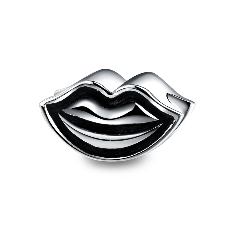 925 Sterling Silver LIP Charms beads with black enamel Fit authentic