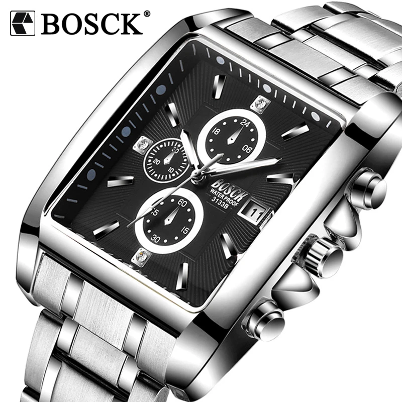 

BOSCK Luxury Brand Mens Watches Business Watch Mens Military Quartz Square Watches Stainless Steel Strap Casual Wristwatch Gift