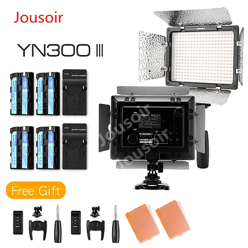 

2PCS YONGNUO YN300 III YN300III CRI95 3200K-5500K LED Video Light with Barndoor Photographic + 2x NP550 Battery + Charger CD50