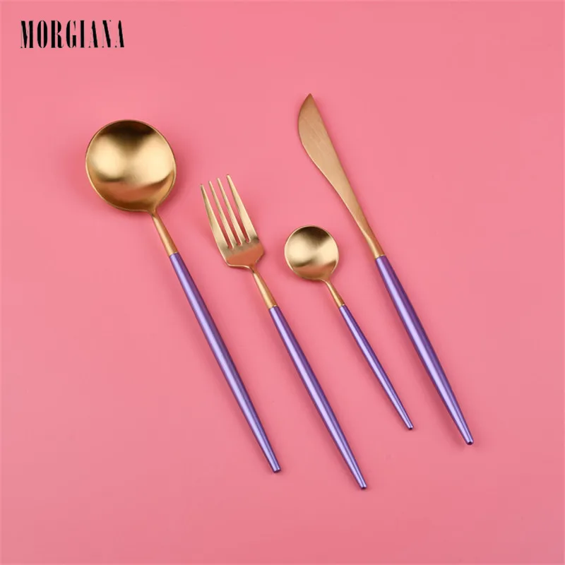 

MORGIANA 4Pcs/Set Purple Gold Handle Stainless Steel Silver Two Colors Dinnerware Set Western Knife Fork Scoops Cutlery Set
