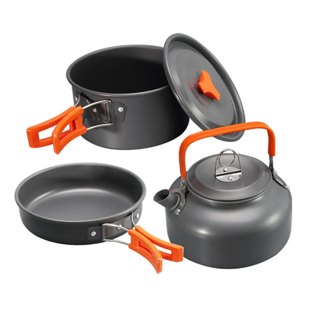 

3pcs Hiking Outdoor Aluminum Alloy Lightweight Non Stick Pot Pan Teapot Combination Cooking Rustproof Camping Cookware Set Kit