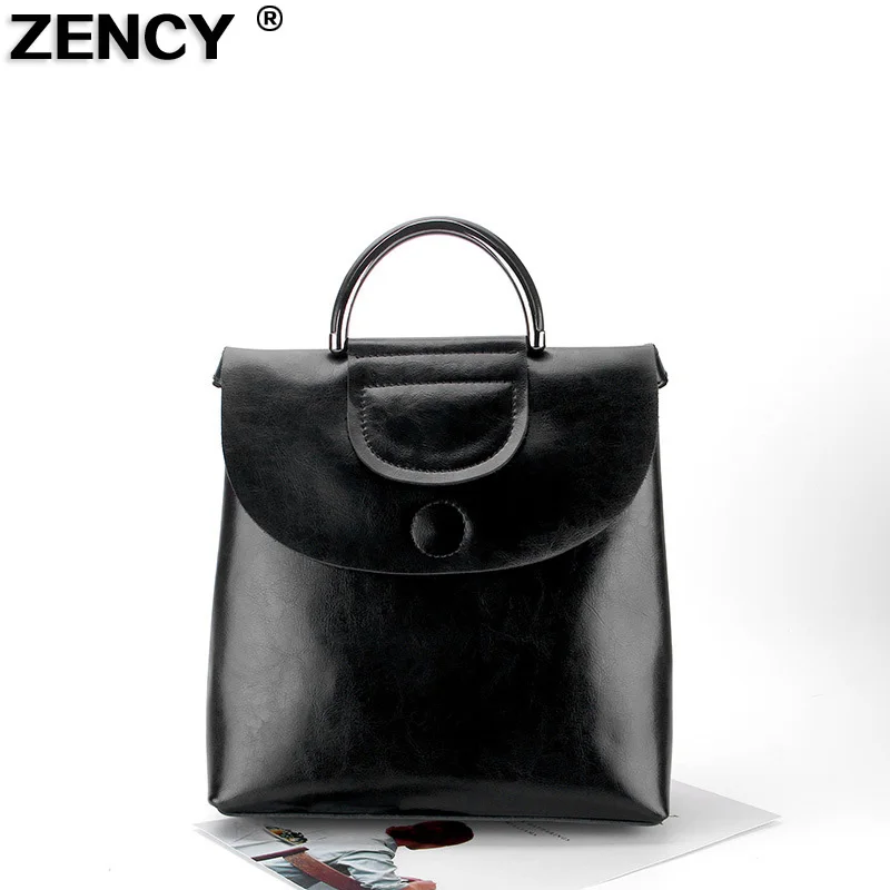 

ZENCY Famous Luxury Brand Genuine Oil Wax Cowhide Second Layer Cow Leather Women Girls Real Leather School Backpack Shoulder Bag