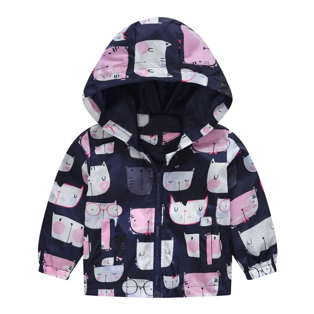 Детская ветровка для маленьких девочек и мальчиков, весеннее пальто с капюшоном с рисунком кота и машины, куртка, топы, casaco infantil