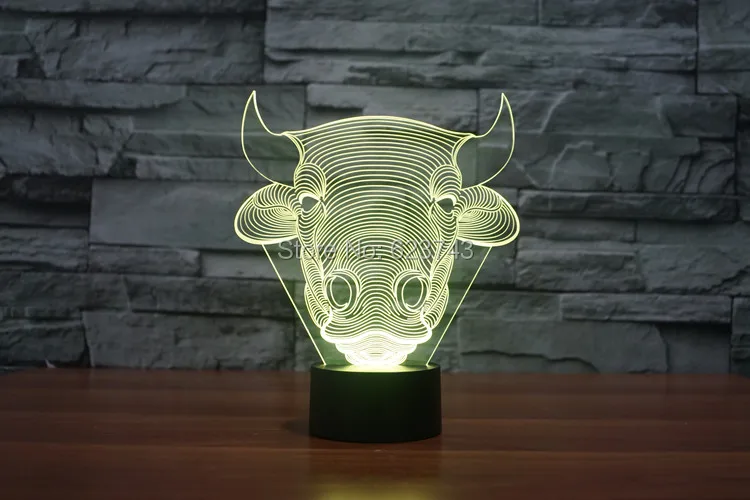 

8pcs/lot 7 Color changing 3D Flashing Toro Acrylic LED Oxen Night Light with USB power multicolor Bulls table Lamp of 3D LEDS