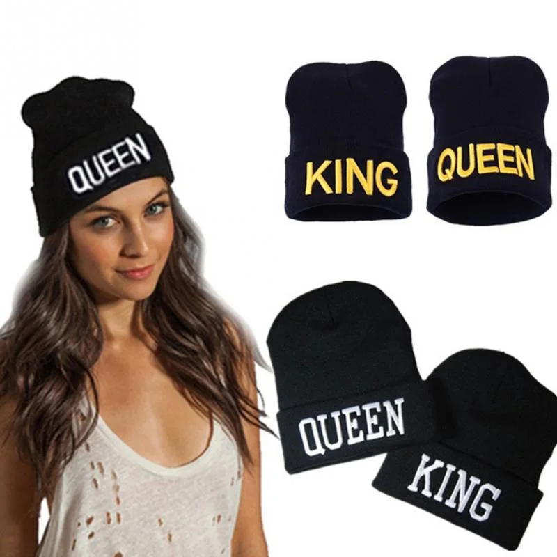 

Winter Warm Beanies Knit King Queen Printed Hat Embroidery Cap For Men Women