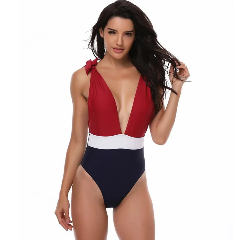 

Women Kids Stripe One-piece Swimsuit Backless Swimwear Family Matching Deep V Sexy Bikini Color Patch Beach Bathing Suit