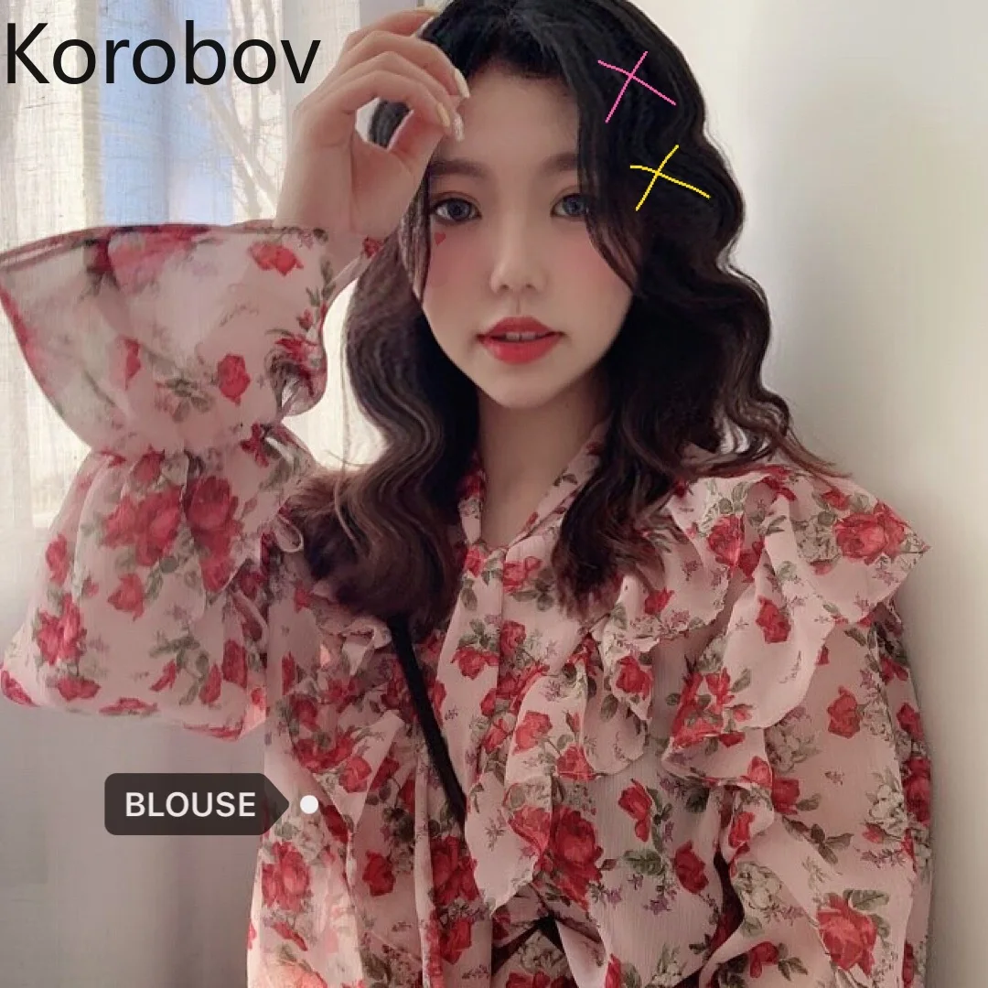 

Korobov Korean Flower Print Ruffles Women Blouse Vintage O-Neck Lacing Bow Shirt Flare Long Sleeve Sweet Pink Blusas Mujer 77432