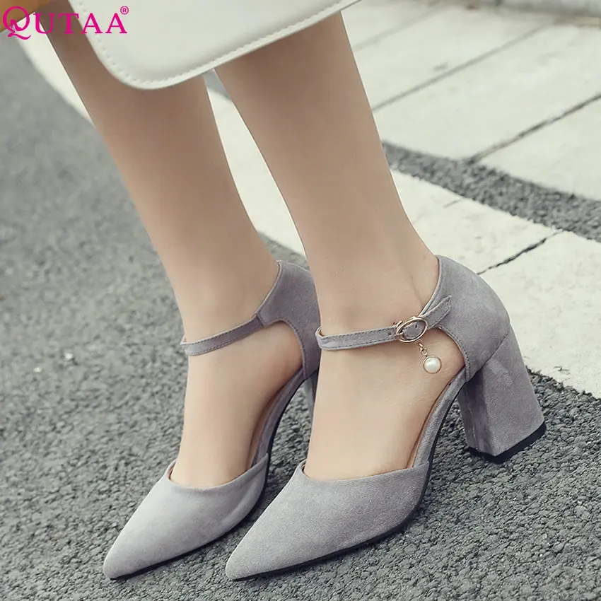 

QUTAA 2019 Women Shoes Women Pumps Flock Two-piece Buckle Elegant Platform Casual Square Heel Ladies Wedding Pumps Size 34-43