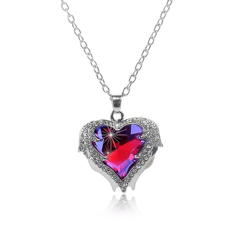 

Heart Angel Wing Necklace Long Chain Blue Pink Crystal Heart Necklace For Women Girls Children Gifts Choker Necklace dropship