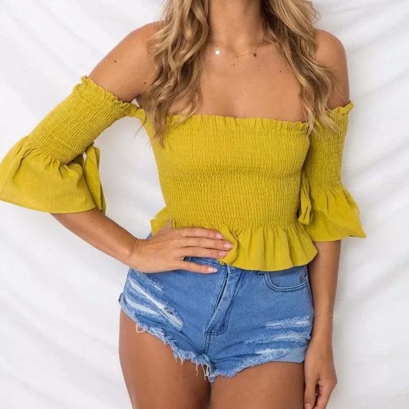 

Cross-border European and American new women's clothes express sale Amazon self-cultivation word collar, shoulder tie and bow