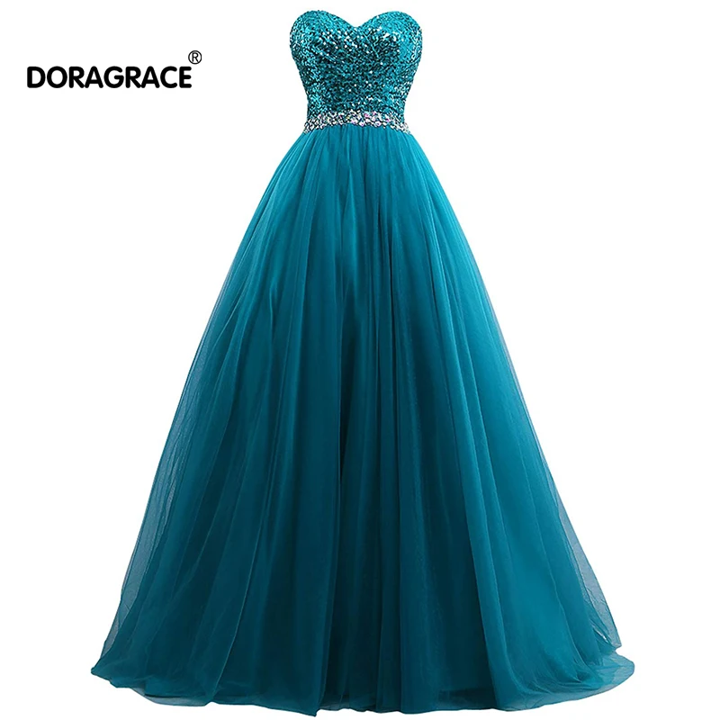 

Doragrace Glamorous A Line Sweetheart Tulle Skirt Crystal Sequins Evening Gowns Prom Dresses Plus Size
