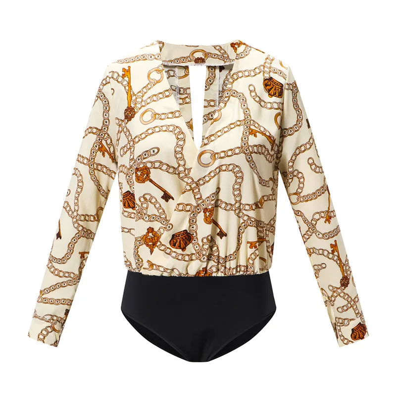 Vintage Silk Rompers Womens Jumpsuit Long Sleeve Chain Print Top Shirt Ladies Deep V Neck Key Printed Sexy Satin Bodysuits W3 Vintage Silk Rompers Womens Jumpsuit Long Sleeve Chain Print Top Shirt Ladies Deep V Neck Key Printed Sexy Satin Bodysuits W3