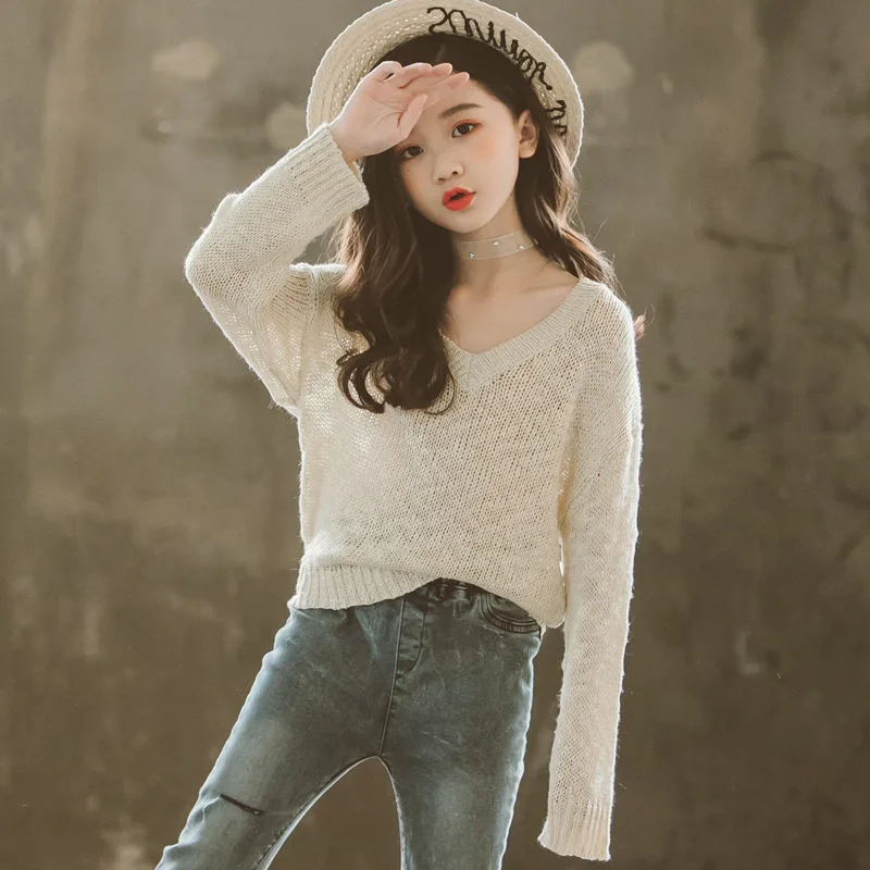 

Solid Color Beige V-neck Lazy Style Loose Casual Wild Pullover Sweater For Spring Autumn Kids Girls Children's Clothing