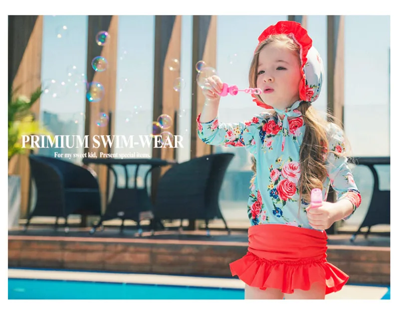 Летний детский купальный костюм с длинными рукавами для девочек, купальник с фламинго, От 1 до 11 лет для маленьких девочек комплект из 3 предметов в Корейском стиле, купальный костюм