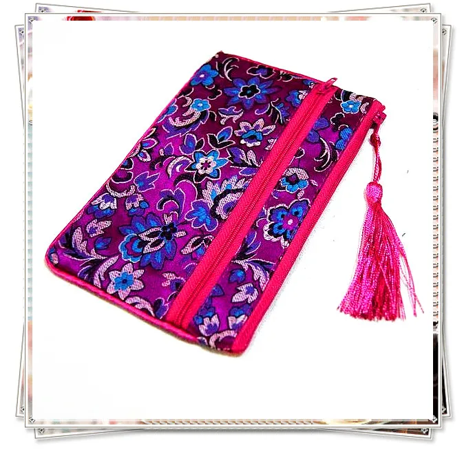 

Rectangle Ladies large Wallet Double Layer Zipper Cosmetic Makeup Bag Silk Brocade Jewelry Travel Bag Women Phone Purse
