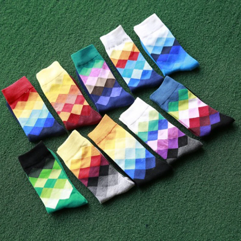 

1 Pair Male Funny Socks with Print Gradient Color Plaid Designed Casual 3D Long Sock For Men's Crew Socks Art Calcetines