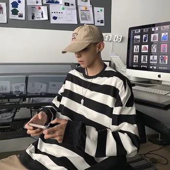 

2019 Spring New Korean Version Of Japanese StudentsLoose StripeContrastColor SportsRound NeckDrop Shoulder Men's Casual Pullover