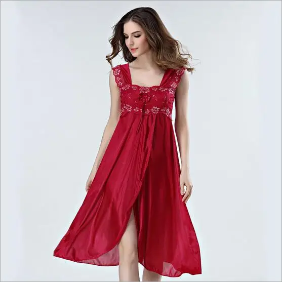 Summer Dress Lace Sleeveless Lingerie Sexy Women Nightwear Silk Night Gowns Satin Nightgown Sleepwear Red/Black Pink Q134