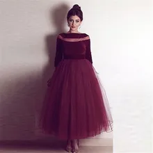 Eleganter Burgunder Samt Abendkleider Langarm 2016 Vestidos Festa Longo Günstige Partei-kleid