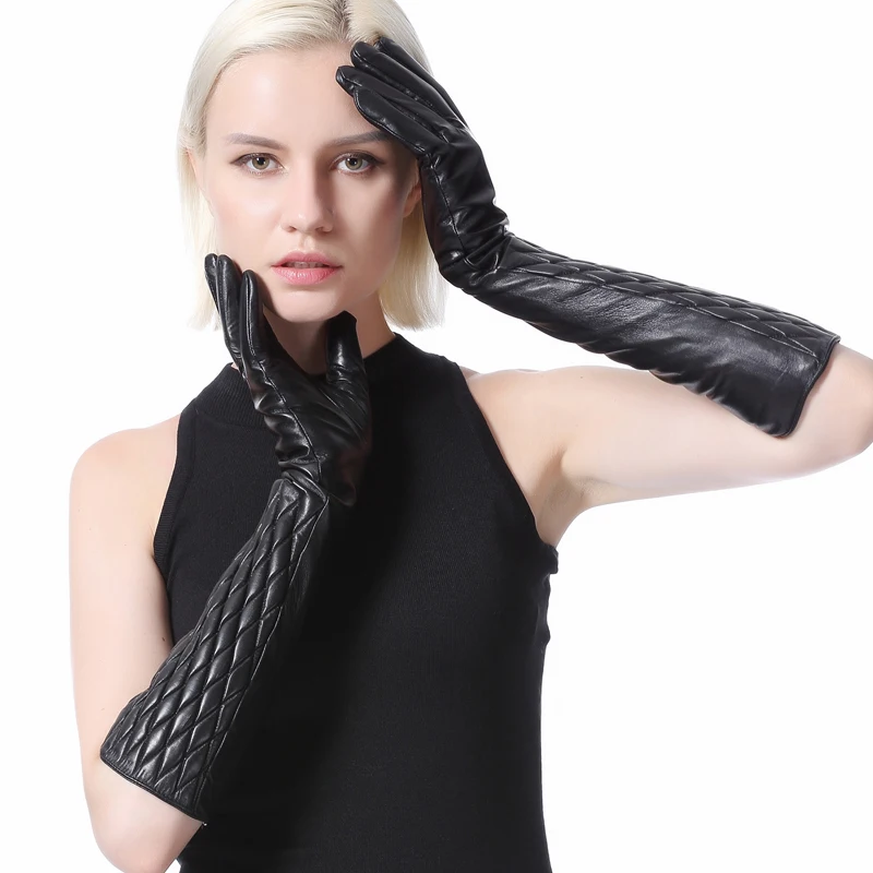 women fashion plaid style evening leather gloves lambskin elbow leather