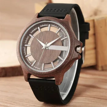 

Transparent Hollow Dial Coffee/Brown/Black Wood Watches Quartz Timepiece Genuine Leather Watchband Creative Men's Watch New 2019