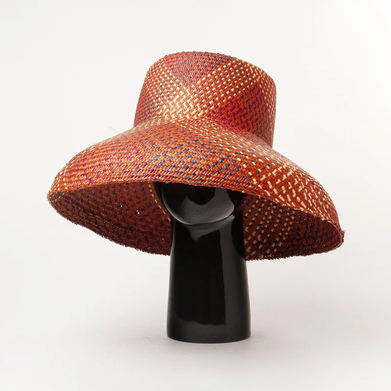 

01904-HH7342 COLOR patchwork handmade straw Hepburn style Lampshade shape lady bucket hat women holiday panama jazz cap