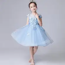 Светло-голубое кружевное платье для девочек платья для первого причастия для маленьких девочек фатиновое свадебное платье принцессы с аппликацией Пышное вечернее платье
