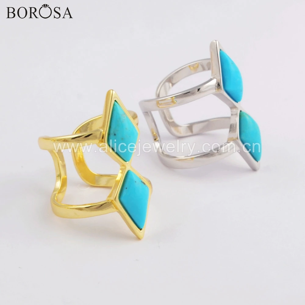 BOROSA 5 шт. дизайн золото/с серебряной рамкой двойной ромбик натуральная бирюза открытое Ювелирное кольцо для молодежи ZG0403