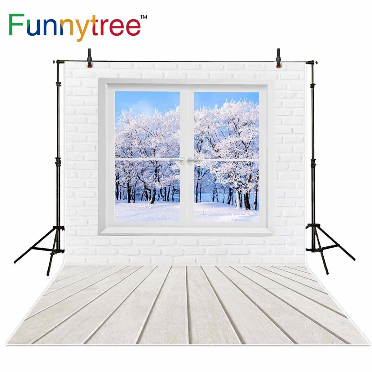 Funnytree photography backdrop christmas white brick window trees snow winter wooden floor Photo background studio photocall | Электроника