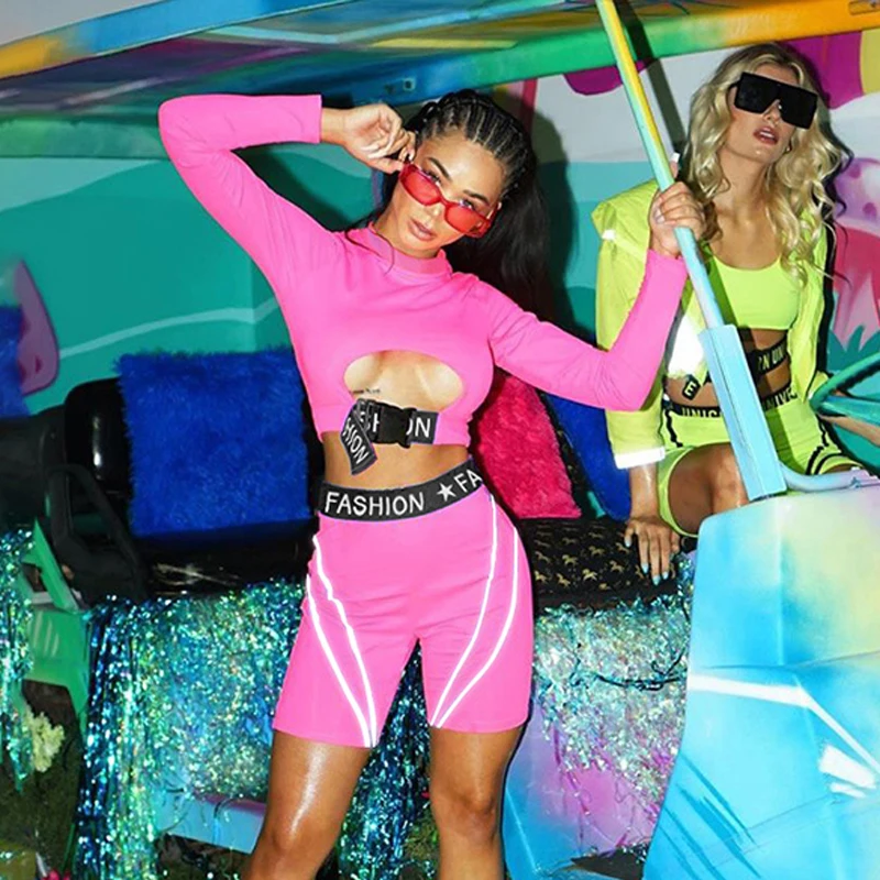 

Simenual Fitness Letter Print Matching Sets Women Sporty Active Wear Casual 2 Piece Outfits Long Sleeve Top And Biker Shorts Set