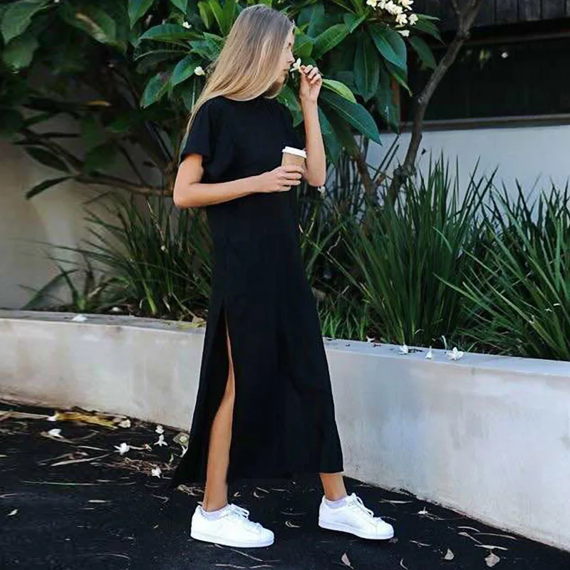 

2019 smmer Hot Sale Women Boho Maxi Dress Sexy Summer Short Sleeve Side Slit Loose Evening Party Long Beach Dress Vestidos C0257
