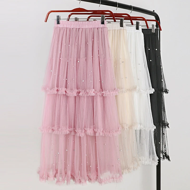 Spring Bead Boho Tulle Long Skirts Sweet Tiered Pleated Maxi Long