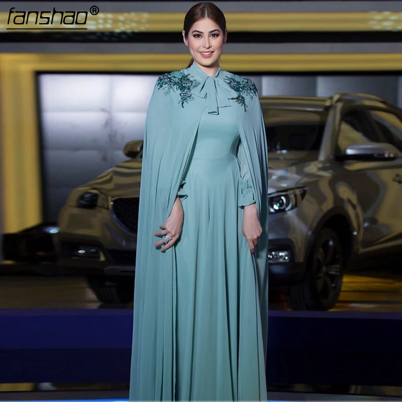 

Turquoise Muslim Evening Dresses Chiffon Appliques Islamic Dubai Saudi Arabic Long Elegant Evening Gown