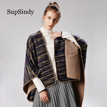 

SupSindy women's poncho Winter scarf women Gradient colors shawl wrap luxury pashmina warm scarves for women cloak vintage stole