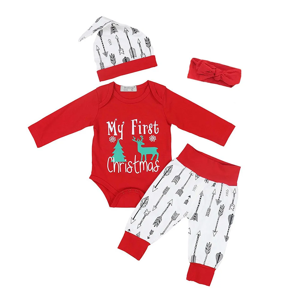

GRNSHTS Newborn Baby Boy Gilrs Clothes My First Christmas Long Sleeve Romper+Pants+Hat+Headband 4Pcs Outfits Set