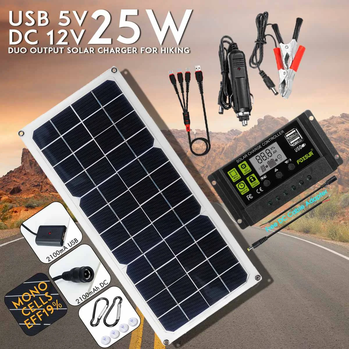 

Portable 25W 12V Solar Panel 24pcs Solar Cells with Car Charger 10A USB Solar Charger Controller for Outdoor Camping LED Light