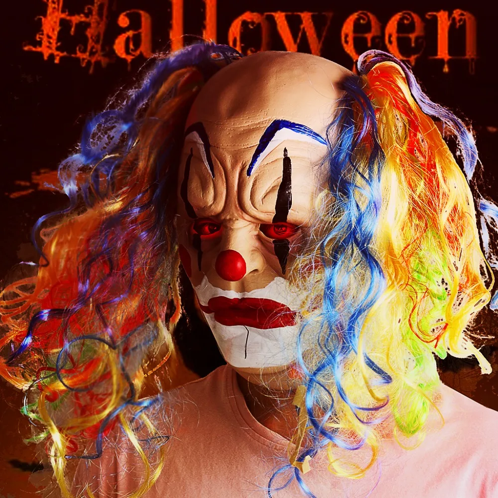Halloween Latex Mask With Wig For Adults Curly Bald Clown Masquerade Cosplay Props  (3)