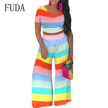 FUDA Two Pieces Sets Striped Wide Leg Jumpsuits Elegant O-neck Short Sleeve Top and Loose Pants Women Summer Casual Bodysuits FUDA Two Pieces Sets Striped Wide Leg Jumpsuits Elegant O-neck Short Sleeve Top and Loose Pants Women Summer Casual Bodysuits
