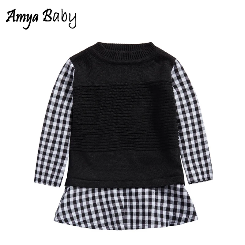 Buy Amya Baby Girls Sweaters Black White Plaid Patchwork Kids Sweater Autumn
