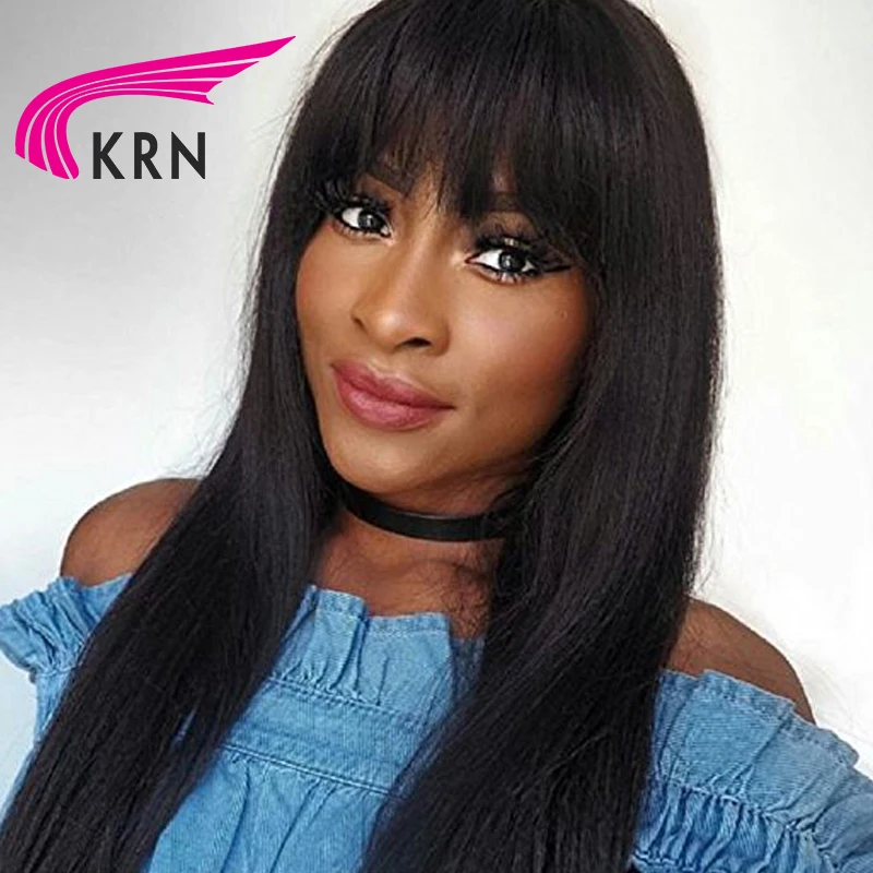 KRN Straight Brazilian Full Lace Human Hair Wigs With Bangs Remy Hair
