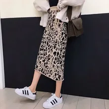 Liva Сексуальная леопардовая трикотажная юбка Женская высокая талия отделка сплит юбки jupe женские юбки mujer moda зима осень юбки женские