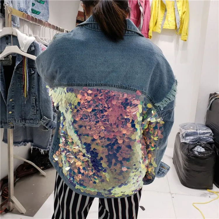 

Women Harajuku Denim Jacket Female Sequins Splice Loose Denim Coats Blue Street Jeans Coats