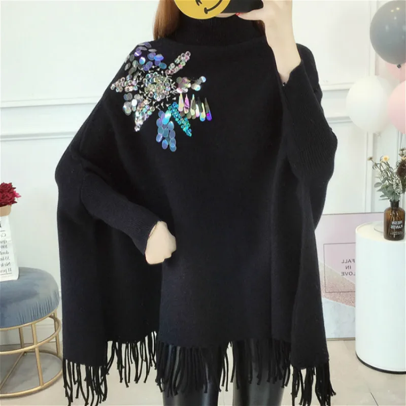 ^*Best Offers Women Pullovers Sweater Autumn Winter Luxury Brand Design Elegant Sequined Tassel Knitted Pullover Sweaters Loose Shawl Poncho ^*Best Offers Women Pullovers Sweater Autumn Winter Luxury Brand Design Elegant Sequined Tassel Knitted Pullover Sweaters Loose Shawl Poncho