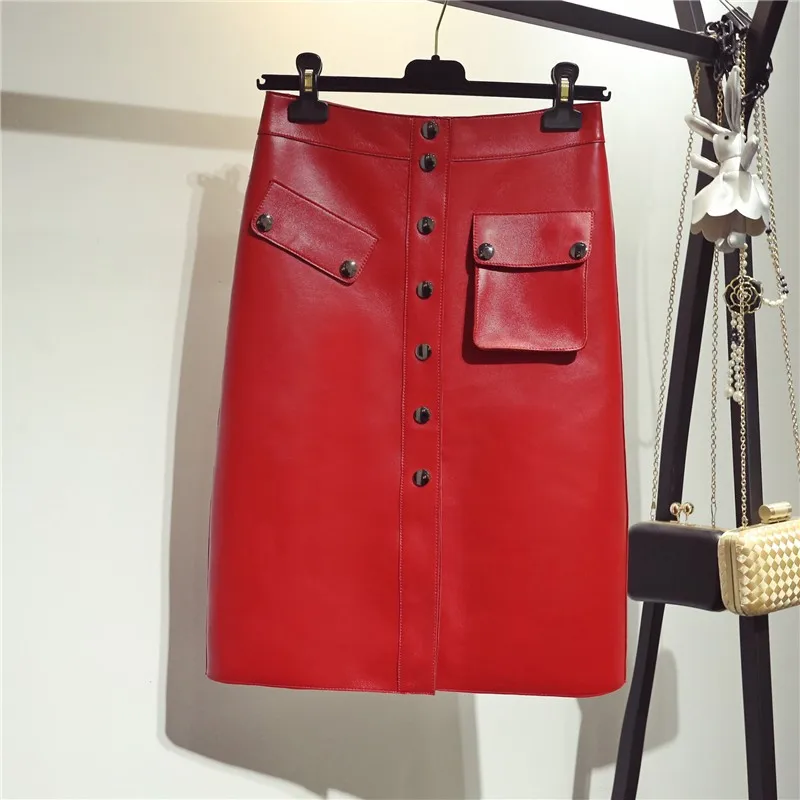 Top Quality Genuine Leather Womens Knee Length Skirts High Waist Single Breasted Pockets Office Ladies Sheepskin A-Line Skirts - Color: red