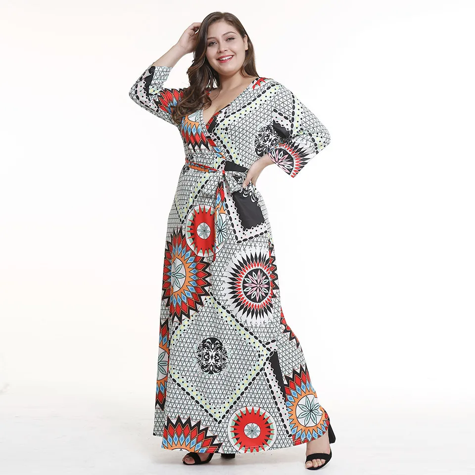 

Plus Size 3XL Women Clothing 2019 Summer 3/4 Sleeve Casual Plaid Checker Print Long Maxi Dress Sexy V Neck Split Big Swing Dress