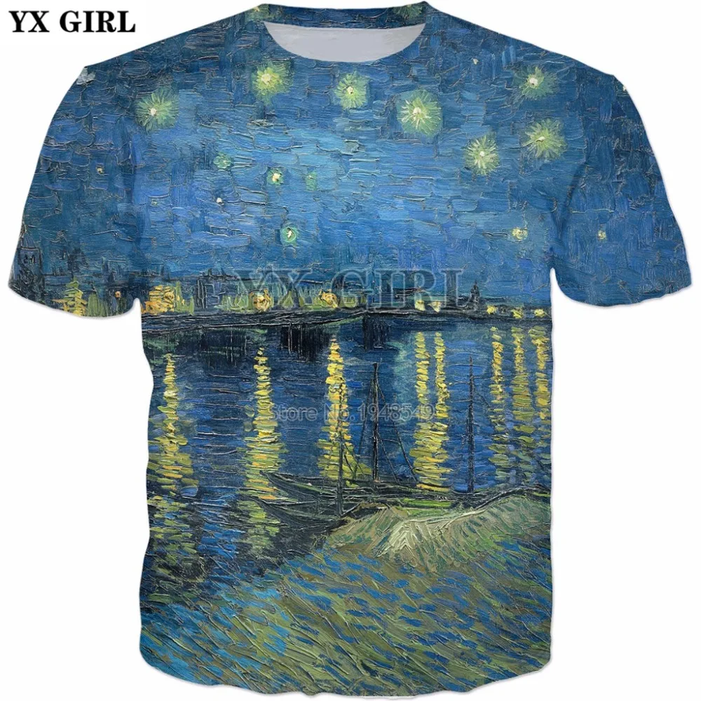 YX GIRL Brand clothing 2018 summer New style Fashion T-shirt Starry Night Over the Rhone 3d Print Men's women's Casual t shirt